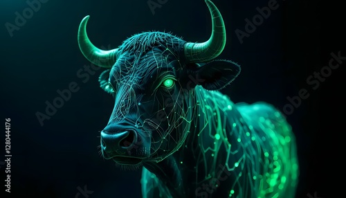Futuristic Neon Bull with Digital Glow, Symbolizing Technology, Innovation, AI, and Strength in a High-Tech Concept Art
