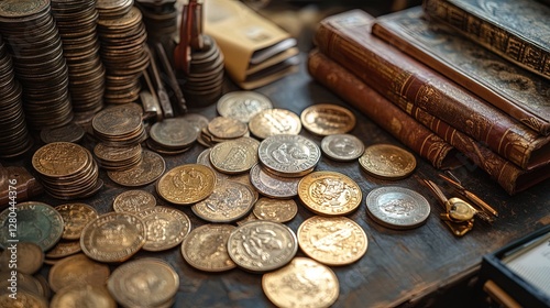 Coin collection hobbyist with a background full of hobby-related objects like books and tools 