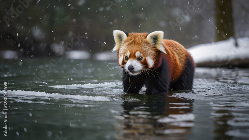 Adorable Red Panda in a Snowy Stream Capturing Nature's Serenity