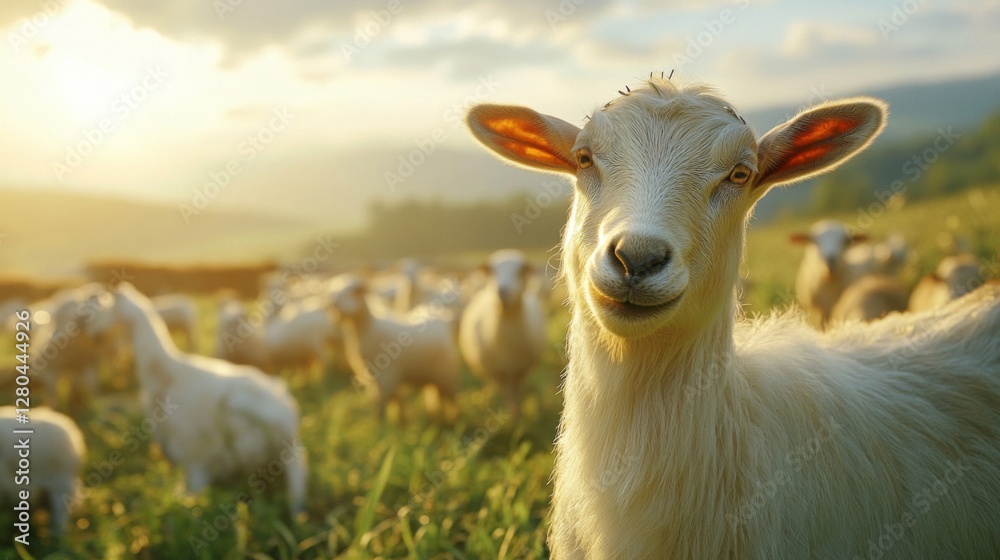 Fluffy White Sheep in a Green Pasture at Sunset Fluffy White Sheep in a Green Pasture at Sunset