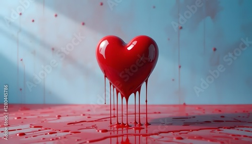 Glossy Red Heart with Dripping Paint on Vibrant Background - Symbol of Love, Passion, and Emotion in Art