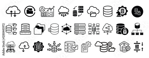 Data storage, cloud services, database analytics  icon set collection vector  design.