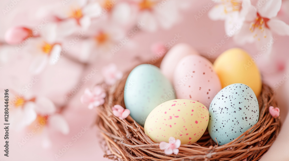 Easter pastel speckled eggs in nest with spring flowers on pink background Easter pastel speckled eggs in nest with spring flowers on pink background
