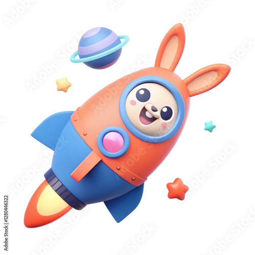 Cute cartoon rabbit in a rocket surrounded by stars and planets.
