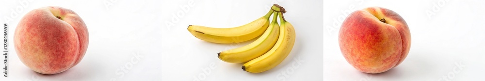 A peach and bananas arranged together highlight fresh, colorful fruit options for healthy eating. A peach and bananas arranged together highlight fresh, colorful fruit options for healthy eating.