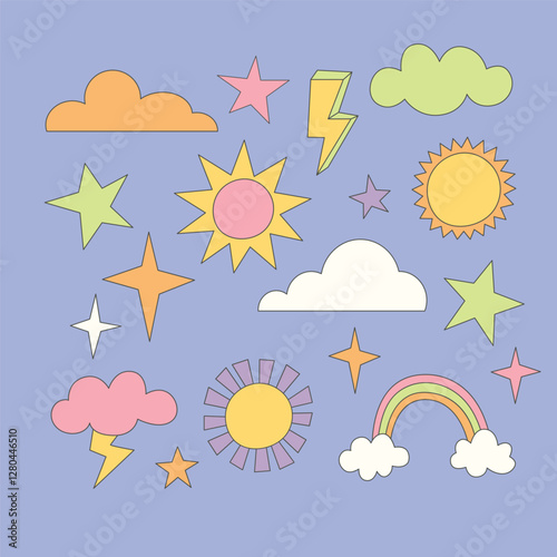 Weather and nature elements quirky illustration. Groovy star, sun, cloud, rainbow and lightning vector design. Hand drawn childish image with funny signs