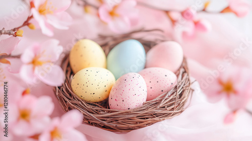 Easter pastel speckled eggs in nest with spring flowers on pink background