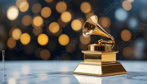 Golden gramophone award statue on marble with blurred bokeh lights background, celebrating music achievements and artistic excellence in the entertainment industry