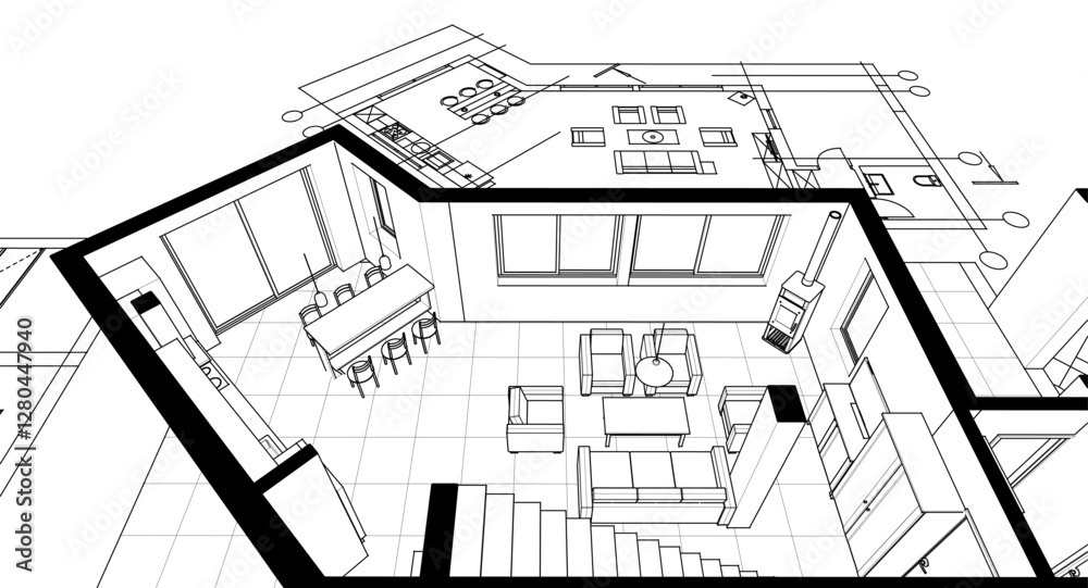 Fototapeta premium architecture sketch of a residential building 3d