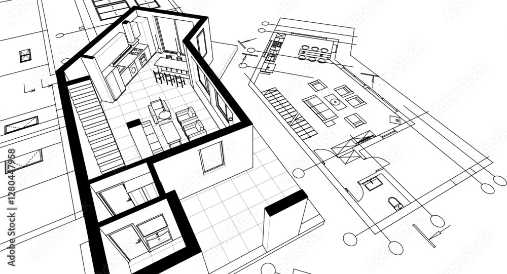Fototapeta premium architecture sketch of a residential building 3d