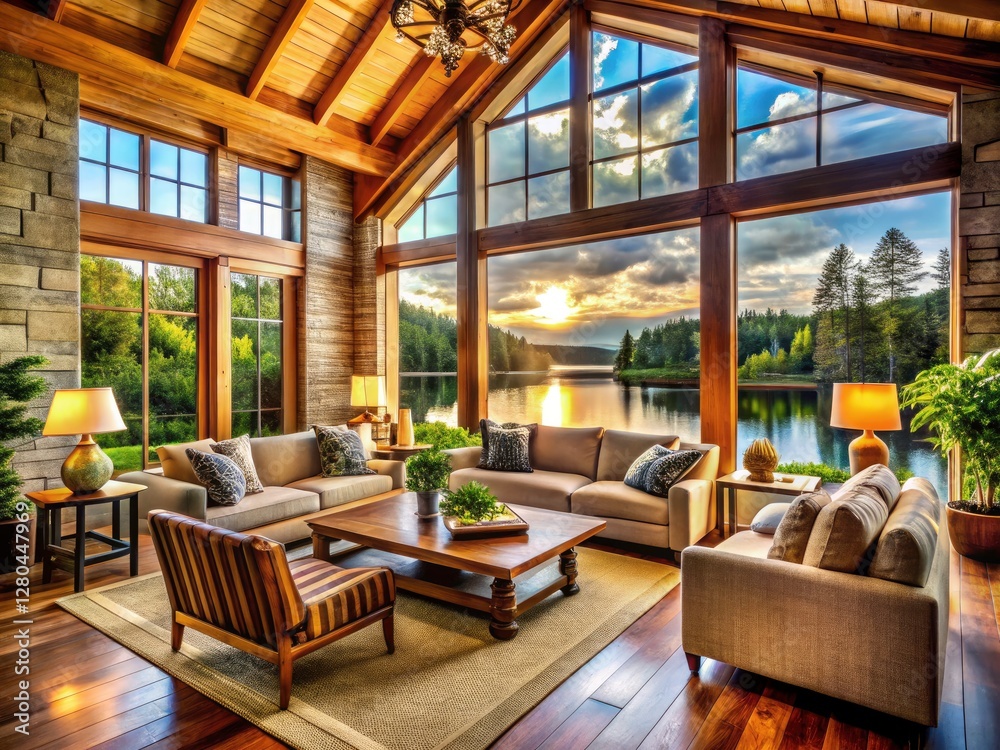 Fototapeta premium Lakeside cottage with panoramic views; rustic charm and cozy interior create a tranquil escape.