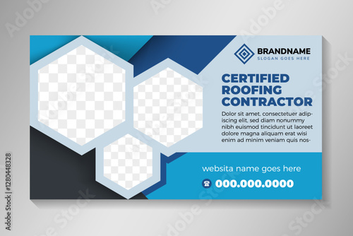 Business web banner horizontal banner template design. Modern banners design with blue background. horizontal layout with example of headine certified roofing contractor. hexagon photo space