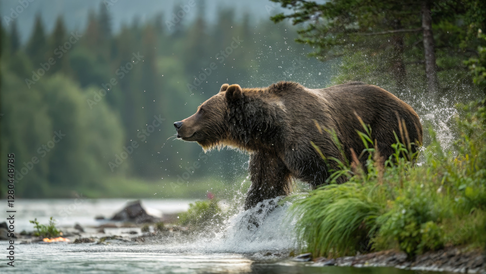 Brown bear emerging from a riverbank in a wild forest Brown bear emerging from a riverbank in a wild forest