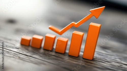 Orange bar graph indicating growth on wooden surface with blurred background elements