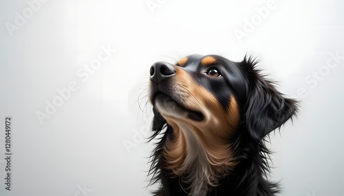 Close-Up of a Black and Tan Dog Looking Up with Curious Expression Against a Minimalist White Background