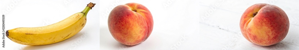 A single banana alongside fresh peaches, highlighting their vibrant colors and textures. A single banana alongside fresh peaches, highlighting their vibrant colors and textures.
