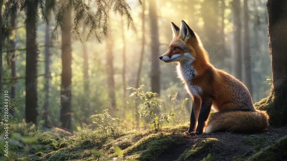 Fototapeta premium Red Fox in a Sunlit Forest