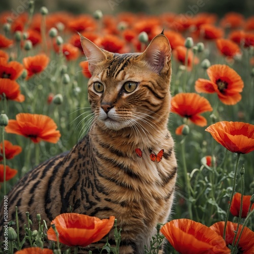 A Bengal cat with sleek, golden fur sitting proudly amidst bright red poppies.