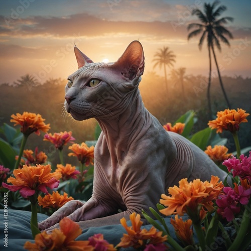 A Sphynx cat resting gracefully in a bed of exotic tropical flowers with a misty sunrise behind.