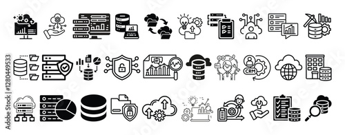Data storage, cloud services, database analytics,modern technology icon set collection vector design.