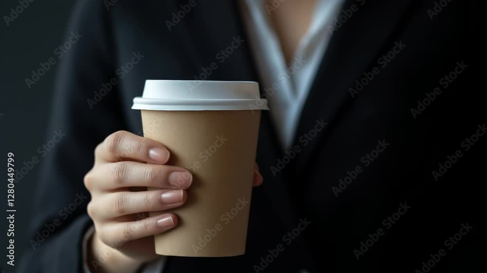 A person in formal clothing is holding a disposable coffee cup, creating a professional yet casual atmosphere suitable for meetings or daily routines, office mood, copy space A person in formal clothing is holding a disposable coffee cup, creating a professional yet casual atmosphere suitable for meetings or daily routines, office mood, copy space