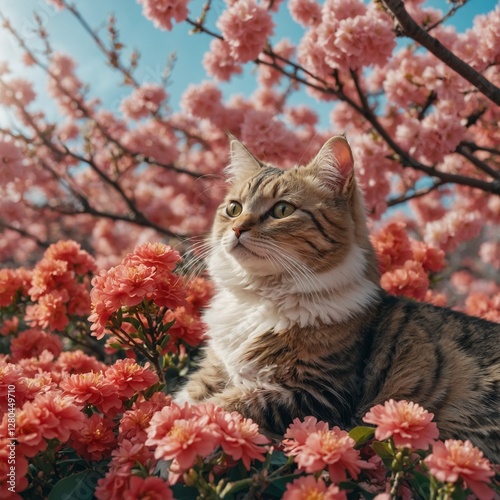 A kawaii-inspired cute cat lounging among vibrant cartoonish blossoms, with a bright, cheerful background.