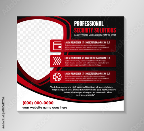 professional security and technology solutions design flyer template use horizontal layout. combination red, black, and white colors. Shield shape for space of photo. transparency of topographic land 