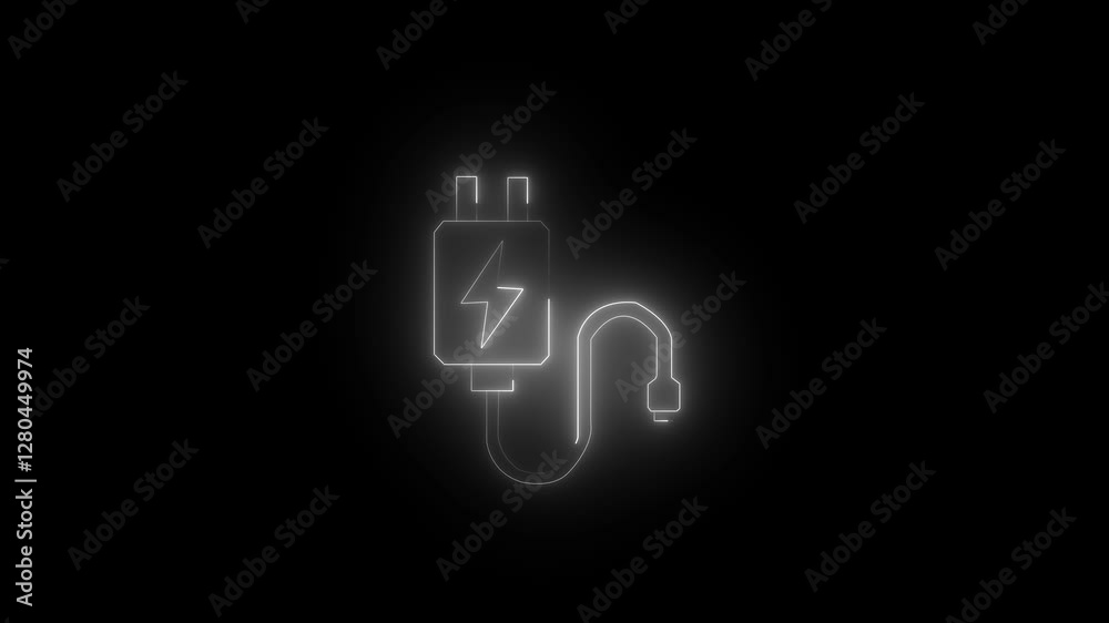 glowing neon blue color mobile phone charger animation icon on black background 4K. glowing neon blue color mobile phone charger animation icon on black background 4K.
