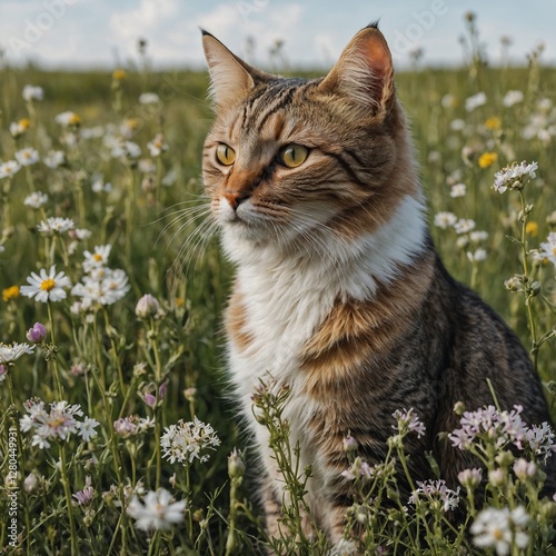 A beautifully detailed oil painting of a cat sitting in a field of wildflowers with a pure white background.