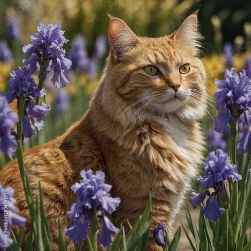 A hyperrealistic image of a cat with golden fur resting among irises, against a soft-focus, clear background.