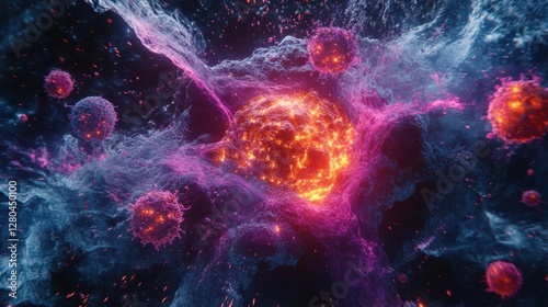 Cellular Warfare: A microscopic battle unfolds, vibrant cells clashing in a dynamic display of cellular activity. The image captures a moment of intense interaction.