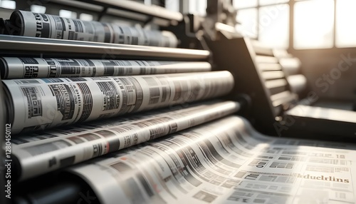 Industrial Printing Press in Action: Close-up of Newspaper Production, Mass Media, and Manufacturing Process with Graphic Elements.