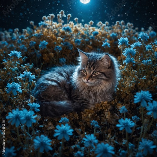 A fluffy kitten curled up in a bed of bioluminescent flowers, glowing softly in the moonlight.