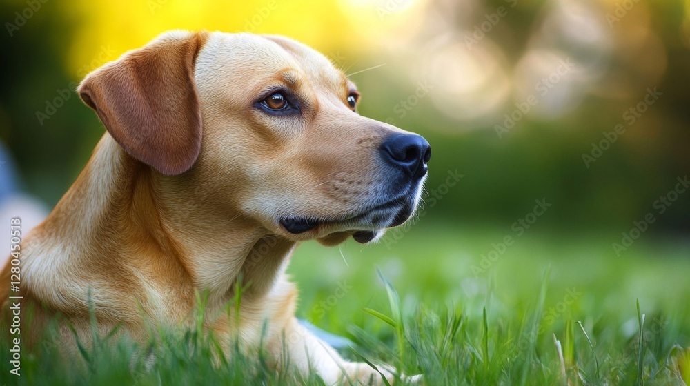 Golden Labrador Dog Portrait in Green Grass Golden Labrador Dog Portrait in Green Grass