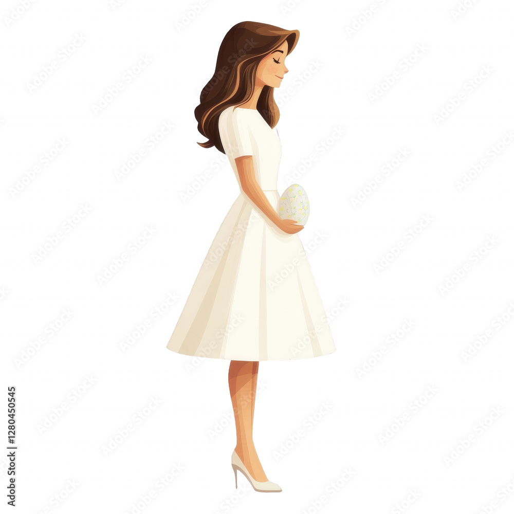 Minimalist Cartoon of a Woman in a White Dress at Easter Service on Transparent Background- Religious Easter Cliparts