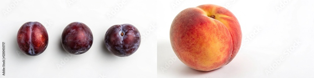 A trio of plums alongside a peach, emphasizing their vibrant colors and freshness. A trio of plums alongside a peach, emphasizing their vibrant colors and freshness.
