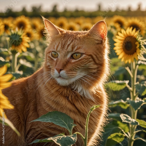 A warm, orange-furred cat basking in a sunflower field under the golden summer sun.