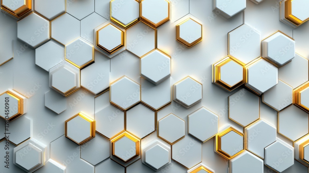 Elegant futuristic tech vector: Gold hexagonal patterns on white, abstract design