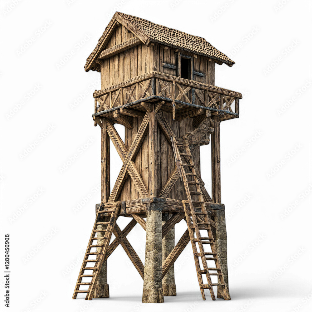 Obraz premium Medieval wooden watchtower structure with ladders and stone base