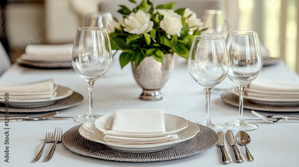 Fototapeta premium A chic dining room with interior vintage tableware, elegant materials.