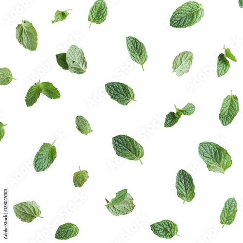 Harvesting fresh mint leaves studio photostock white background top view botanical concept