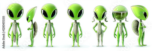 Alien Invasion: A playful gathering of adorable green extraterrestrials. The aliens with big eyes stand side by side. They exude curiosity, whimsy, and a touch of mystery. 