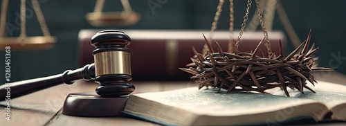 Judgment Day, legal gavel, crown of thorns, justice scales