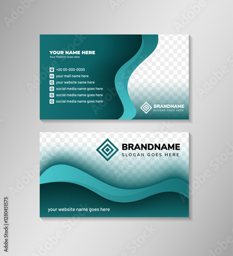 Abstract Green and blue gradient color of wave element Business Card Design. Simple identity card with space for photo collage.vector illustration of professional name card on horizontal layout