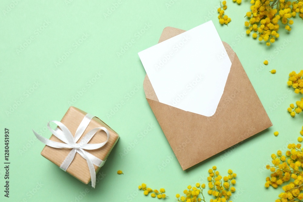 Beautiful composition with spring mimosa branches, envelope and gift box  on a colored background