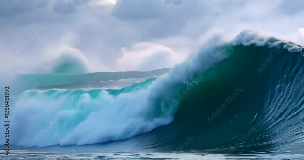 Majestic ocean waves crashing in a dramatic coastal landscape at sunset