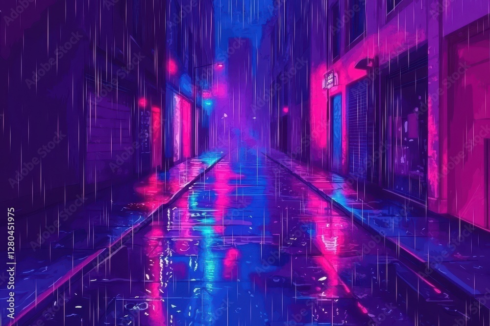 Obraz premium Neon Reflection in a Rainy Alleyway at Nighttime