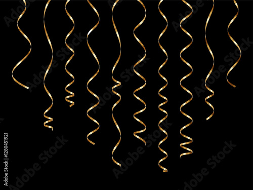 Set of golden foil serpentine streamers on a black background. Shiny festive vector decoration for Christmas, New Year, birthday, or celebration.