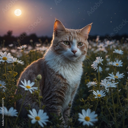 A glowing ethereal cat sitting in a moonlit flower field, the petals illuminated by the soft light of the full moon.