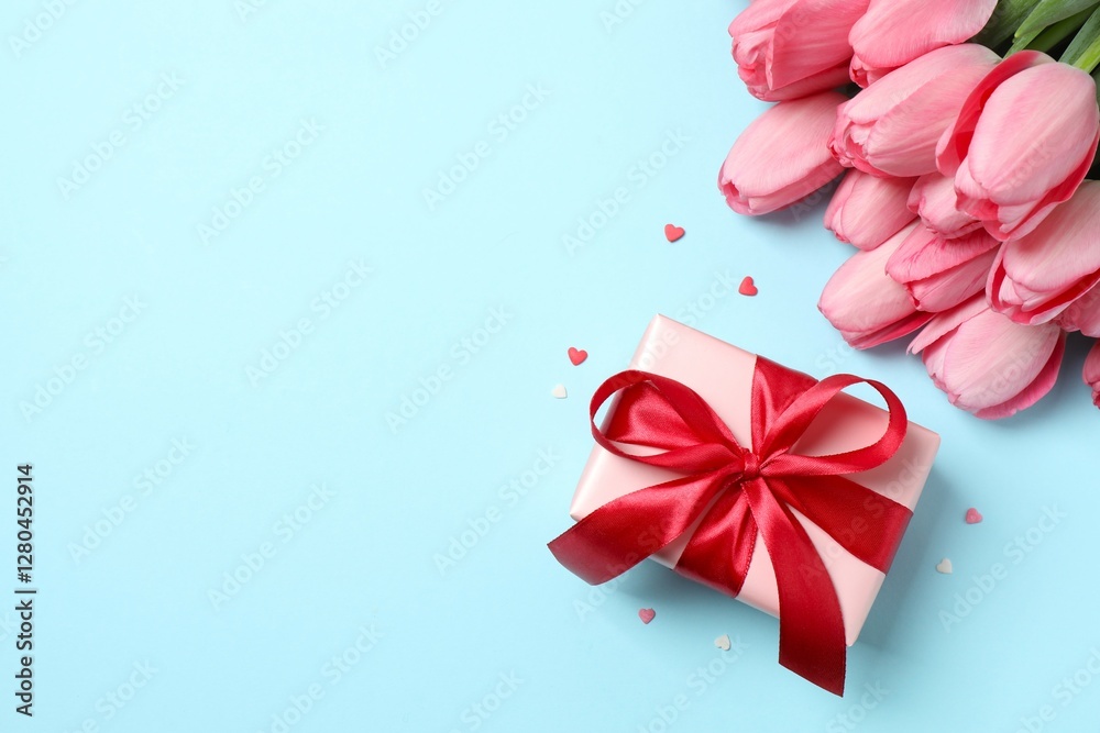 Beautiful fresh tulips with gift box on color background Beautiful fresh tulips with gift box on color background